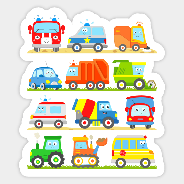 Vehicles with Tractor Digger Bus Ambulance Harvester Truck Police Car Fire Truck and Sweeper Sticker by samshirts